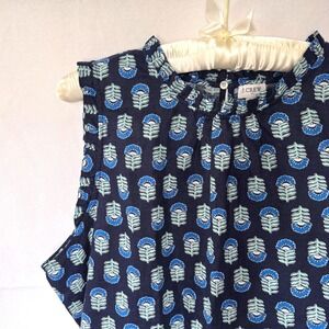 J.Crew Navy Floral Block Print Ruffle Neck Sleeveless Top Cotton Linen XXL